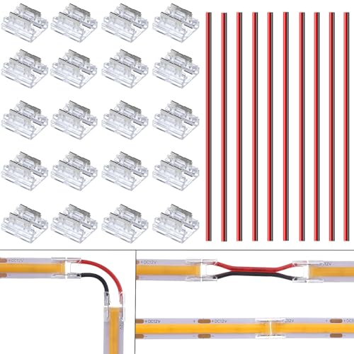 BENLUIN 2 Polig 8mm LED Streifen Verbinder 20 Stück Multifunktional Strip zu Strip und Strip zu Kabel Verbindungsstücke mit 10pcs 15cm Verbindungskabel für ohne Löten 12V 24V COB SMD LED Band Strip von BENLUN