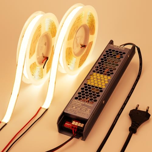 BENLUN 24V 15MM Breite COB LED Strip 10M (5M X 2), LED Streifen Hell 27500LM 25W/M 960LEDs/M 3000K Warmweiß, LED Band CRI 92 mit Netzteil für Gewerbe, Zimmer Dekoration von BENLUN