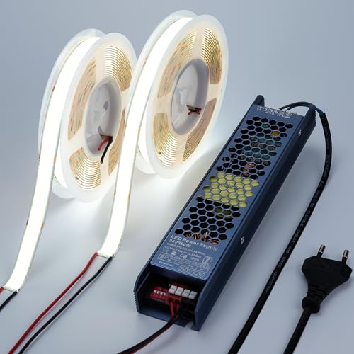 BENLUN 24V 15MM Breite COB LED Strip 10M (5M X 2), LED Streifen Hell 27500LM 25W/M 960LEDs/M 6000K Kaltweiss, LED Band CRI 92 mit Netzteil für Gewerbe, Zimmer Dekoration von BENLUN