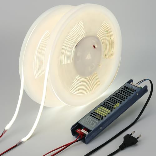 BENLUN 24V COB LED Strip Diffusion 20M (10M X 2), LED Streifen 6000K Kaltweiss Outdoor Milchweiß Silikon Wasserdicht, LED Band Außen 11W/M CRI 93 mit Netzteil für Zimmer Dekoration von BENLUN