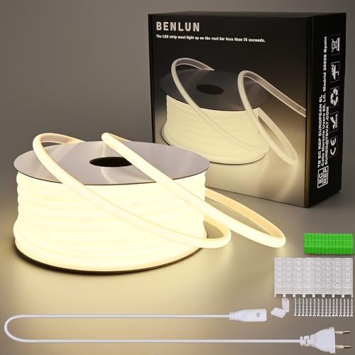 BENLUN AC 220V COB LED Streifen 30M, 4000K Naturweiß LED Strip Aussenbereich Wasserdicht, LED Band 230V Direktanschluss, Sehr Hell 10W/M 296LEDs/M für Zimmer Deko Decke Outdoor Terrasse von BENLUN