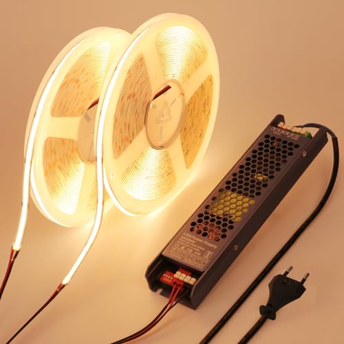 BENLUN COB LED Streifen 20M (10M X 2), 24V LED Strip 6000K Kaltweiss Selbstklebend, LED Band 11W/M CRI 93 Schneidbar mit Netzteil für Schlafzimmer, Akustikpaneele, Zimmer Dekoration von BENLUN