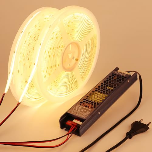 BENLUN 24V COB LED Streifen 20M (10M X 2), LED Strip 3000K Warmweiß Aussenbereich Wasserdicht, LED Band Outdoor Selbstklebend CRI 93 mit Netzteil für Schlafzimmer Zimmer Dekoration von BENLUN