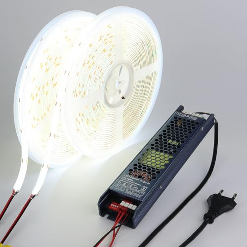 BENLUN 24V COB LED Streifen 20M (10M X 2), LED Strip 6000K Kaltweiss Aussenbereich Wasserdicht, LED Band Outdoor Selbstklebend CRI 93 mit Netzteil für Schlafzimmer Zimmer Dekoration von BENLUN