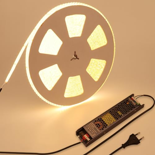 BENLUN 48V LED Strip 20M, LED Streifen 3000K Warmweiß Aussenbereich, LED Band Outdoor IP65 Wasserdicht Sehr Hell 150W Schneidbar Selbstklebend mit Netzteil und Stecker von BENLUN