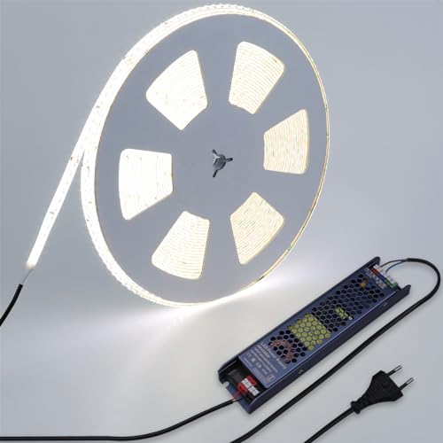 BENLUN 48V LED Strip 20M, LED Streifen 6000K Kaltweiss Aussenbereich, LED Band Outdoor IP65 Wasserdicht Sehr Hell 150W Schneidbar Selbstklebend mit Netzteil und Stecker von BENLUN