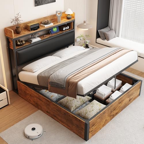 BENMWS Bettrahmen,Doppelbett,140x200cm,mit hydraulischem Hubmechanismus,USB,gepolstertem Kopfteil, Retro-Holz- und Metalldesign,Schwarz von BENMWS