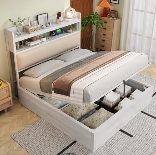 BENMWS Bettrahmen,Doppelbett,140x200cm,mit hydraulischem Hubmechanismus,USB,gepolstertem Kopfteil, Retro-Holz- und MetalldesignWeiß BENMWS Bettrahmen,Doppelbett,140x200cm,mit hydraulischem Hubmechanismus,USB,gepolstertem Kopfteil, Retro-Holz- und MetalldesignWeiß von BENMWS