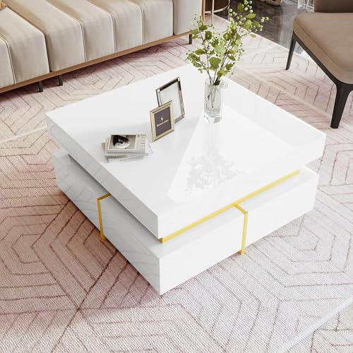 BENMWS Couchtisch,Elegantes Hochglanz Finish Wohnzimmertisch,Beistelltisch mit Schubladen und goldenen Akzenten (Weiß) von BENMWS