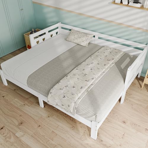 BENMWS Daybett Tagesbett,Ausziehbar Bett,90x200cm,Kiefer massiv,mit 2 Schlafgelegenheit und Rollrost Herzform Bett,Weiß(ohne Matratze) von BENMWS
