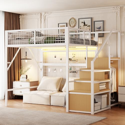 BENMWS Eisenbett,Etagenbett,Hochbett,140x200cm,Geeignet für Kinder und Jugendliche,mit APP-gesteuerten LED-Lichtleisten Treppe mit Stauraum,offenem Kleiderschrank,Weiß BENMWS Eisenbett,Etagenbett,Hochbett,140x200cm,Geeignet für Kinder und Jugendliche,mit APP-gesteuerten LED-Lichtleisten Treppe mit Stauraum,offenem Kleiderschrank,Weiß von BENMWS