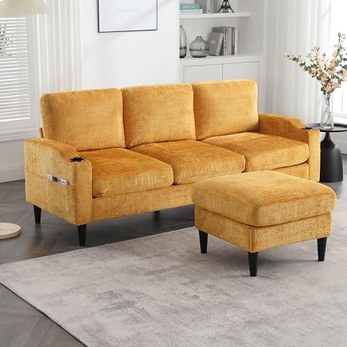 BENMWS Elegantes Sofa mit Hocker-Stauraum,4-Sitzer mit bequemen Armlehnen,Getränkehalter,Seitentaschen-robusten Kunststofffüßen,Samtbezug,Gelb BENMWS Elegantes Sofa mit Hocker-Stauraum,4-Sitzer mit bequemen Armlehnen,Getränkehalter,Seitentaschen-robusten Kunststofffüßen,Samtbezug,Gelb von BENMWS