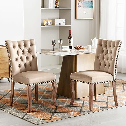 BENMWS Esszimmerstuhl,einzigartigem Türklopfer auf der Rückseite,Polsterstuhl mit Nagelkopfbesatz,Bezug aus Samt,Beinen aus Massivholz(2, Helles Kamel, 60x90cm) von BENMWS