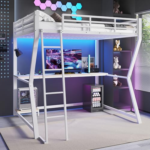 BENMWS Hochbett 140 * 200cm Computerkonsolenablage Schreibtisch Steckdose+USB Geländer Treppe ohne Matratze Weiß von BENMWS