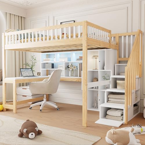 BENMWS Hochbett 140x200cm Mit Ablageleiter Regale Ablagefächer Schreibtisch ohne Matratze Weiß+Natur von BENMWS