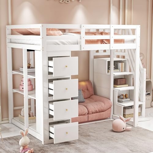 BENMWS Hochbett 140x200cm mit Aufbewahrungsschublade, Kommode mit Regalen, Sicherheits-Kletterleiter, Multifunktionales Massivholzbett Weiß von BENMWS