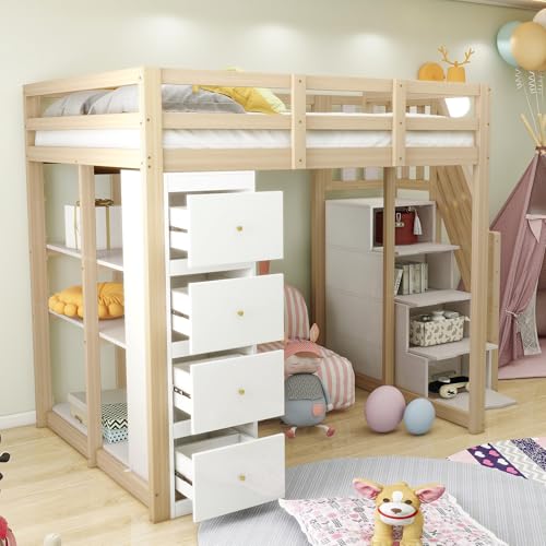 BENMWS Hochbett 140x200cm mit Aufbewahrungsschublade mit Sicherheits-Kletterleiter Kommode mit Regalen, Multifunktionales Massivholzbett Holzfarbe BENMWS Hochbett 140x200cm mit Aufbewahrungsschublade mit Sicherheits-Kletterleiter Kommode mit Regalen, Multifunktionales Massivholzbett Holzfarbe von BENMWS