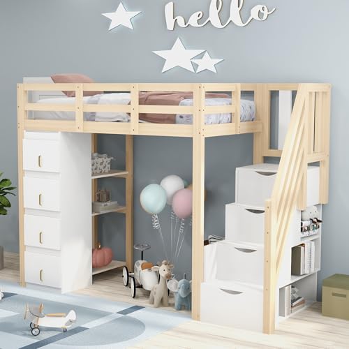 BENMWS Hochbett 90x200cm Mehrstöckigem Regal Sicherer Leiter Mit Stauraumschubladen Multifunktionales Massivholzbett Holzfarbe BENMWS Hochbett 90x200cm Mehrstöckigem Regal Sicherer Leiter Mit Stauraumschubladen Multifunktionales Massivholzbett Holzfarbe von BENMWS