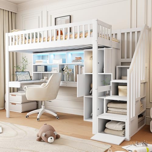 BENMWS Hochbett 90x200cm Mit Ablageleiter Regale Ablagefächer Schreibtisch Ohne Matratze Weiß von BENMWS