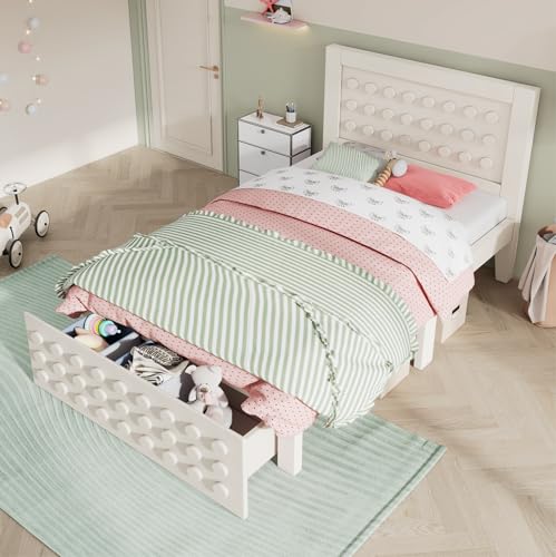 BENMWS Holzbett,Einzelbett,90x190cm,Kinderbett Jugendbett mit Kreativem Block Design,Massivholz Bettgestell mit Lattenrost, mit Schubladen,Unterm Bett Stauraum,Weiß,Ohne Matratze BENMWS Holzbett,Einzelbett,90x190cm,Kinderbett Jugendbett mit Kreativem Block Design,Massivholz Bettgestell mit Lattenrost, mit Schubladen,Unterm Bett Stauraum,Weiß,Ohne Matratze von BENMWS