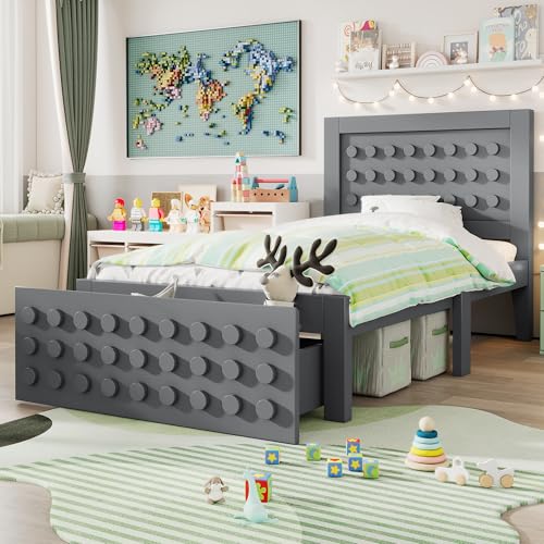 BENMWS Holzbett,Einzelbett,90x200cm,Kinderbett Jugendbett mit Kreativem Block Design,Massivholz Bettgestell mit Lattenrost, mit Schubladen,Unterm Bett Stauraum,Grau,Ohne Matratze von BENMWS