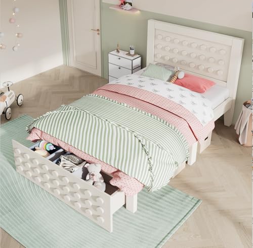 BENMWS Holzbett,Einzelbett,90x200cm,Kinderbett Jugendbett mit Kreativem Block Design,Massivholz Bettgestell mit Lattenrost, mit Schubladen,Unterm Bett Stauraum,Weiß,Ohne Matratze BENMWS Holzbett,Einzelbett,90x200cm,Kinderbett Jugendbett mit Kreativem Block Design,Massivholz Bettgestell mit Lattenrost, mit Schubladen,Unterm Bett Stauraum,Weiß,Ohne Matratze von BENMWS