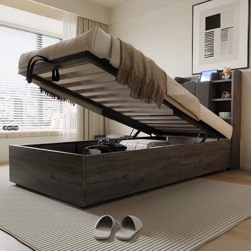 BENMWS Holzbett,Einzelbett,90x200cm,Mit Hydraulisches Bett, Kopfteil Stauraum,ausgestattet mit USB-Anschluss und Tape-C-Steckdose,Grau (ohne Matratze) von BENMWS