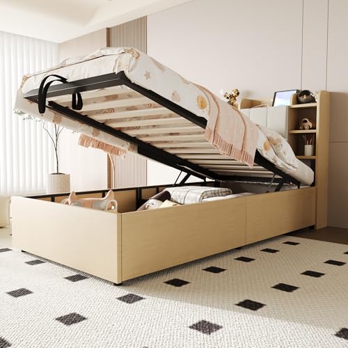 BENMWS Holzbett,Einzelbett,90x200cm,Mit Hydraulisches Bett, Kopfteil Stauraum,ausgestattet mit USB-Anschluss und Tape-C-Steckdose,Naturholz (ohne Matratze) von BENMWS