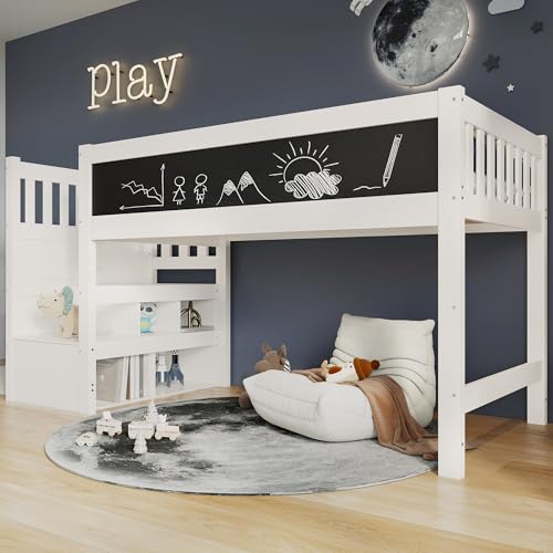 BENMWS Kinderbett Hochbett 90x200cm mit Whiteboard & Tafel, Speicherung und Rausfallschutz, Weiss Hochbett für Kinder – Lattenrost, Weiß (Ohne Matratze) von BENMWS