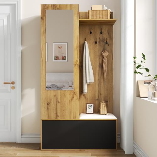 BENMWS Kleiderschrank-Set,5 Kleiderhaken,einen Spiegel, einen Schuhschrank, EIN oberes Regal mit verborgenem Bereich zum Aufhängen und eine Garderobenbank für den Flur (38x100x191cm) von BENMWS
