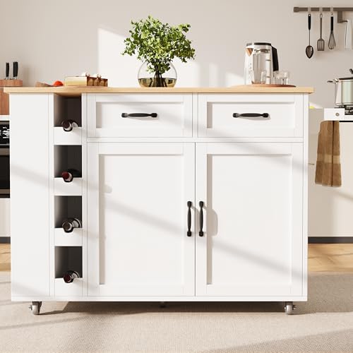BENMWS Kücheninsel,Küchenwagen mit Steckdosenleiste ausgestattet, Küchenschrank,Abnehmbare Servierwagen mit Weinregal,mit Holzmaserung, Buffetschrank,Weiß von BENMWS