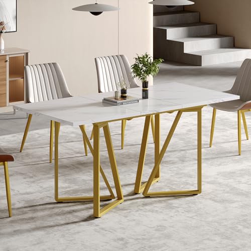 BENMWS Moderner Esstisch mit Marmor-Muster,mit verstellbaren Fußpolstern,erweiterbar,Deal für Esszimmer und Küchen,70x160cm (Weiß+Gold) von BENMWS