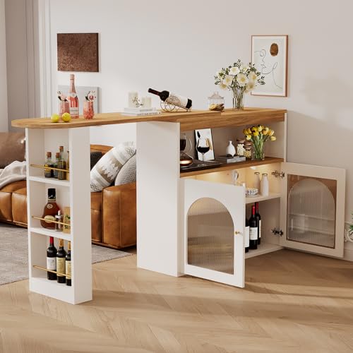 BENMWS Moderner ausziehbarer Weiß Bartisch,Ausziehbarer Esstisch mit Stauraum,Stehtisch Bistrotisch,drehbar,für Esszimmer,Mit 1m langem LED Lichtstreifen,Einstellbare Lichtfarbe von BENMWS