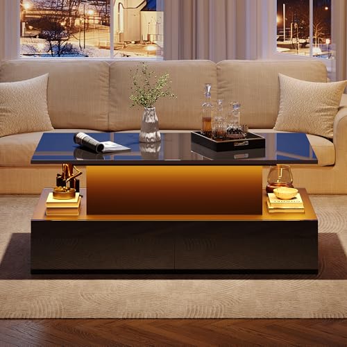 BENMWS Moderner schwarzer Hochglanz-Couchtisch mit LED-Beleuchtung und 4 Schubladen-Stilvoller Beistelltisch 90x55cm BENMWS Moderner schwarzer Hochglanz-Couchtisch mit LED-Beleuchtung und 4 Schubladen-Stilvoller Beistelltisch 90x55cm von BENMWS