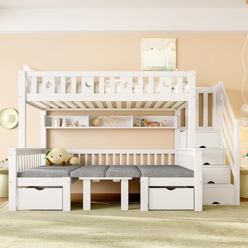 BENMWS Multifunktionales Hochbett 90x200cm 2-in-1-Bett und Schreibtisch Stauraumleiter Dekorativer Zaun mit Sternen und Mond Weiß von BENMWS