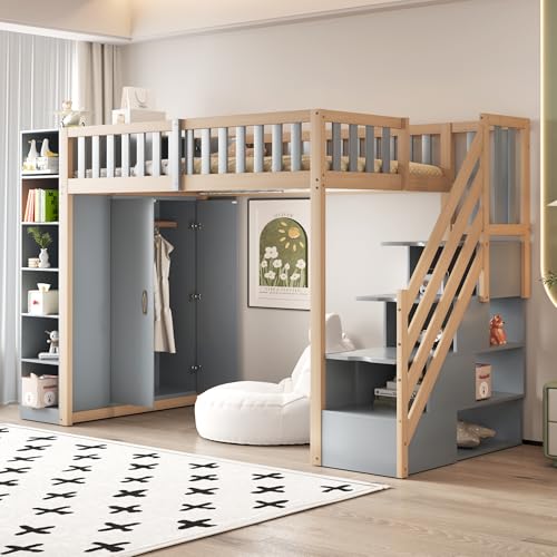 BENMWS Multifunktionales Hochbett 90x200cm Grau Rohholzfarben mit Regalen, Stauschrank und großem Kleiderschrank, Sicherheitsleiter mit Ablagefächern BENMWS Multifunktionales Hochbett 90x200cm Grau Rohholzfarben mit Regalen, Stauschrank und großem Kleiderschrank, Sicherheitsleiter mit Ablagefächern von BENMWS