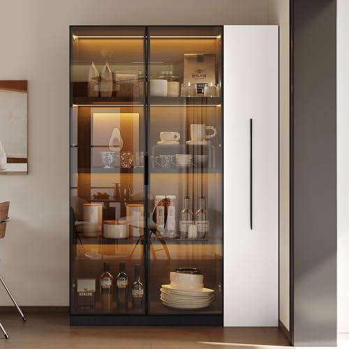 BENMWS Multifunktionsschrank 110.5×35×160 cm -Vitrine mit Glastür, Seitenauszug, Rollschrank - Design in Weiß und Schwarz,Hochschrank im modernen Stil, Bücherregal,Badezimmerschrank,Esszimmerschrank von BENMWS