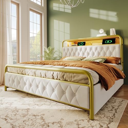 BENMWS Polsterbett,Doppelbett,140×200cm,mit Aufladen USB Type C Ladefunktion APP-Control LED Bettgestell Metallbett,Bettrahmen und 2 Schubladen,Samt(Ohne Matratze) von BENMWS