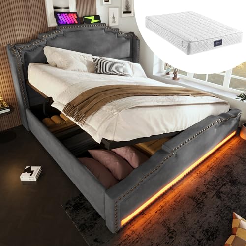 BENMWS Polsterbett,Doppelbett,140x200cm,mit hydraulischem Stauraum,LED-Beleuchtung und USB-C-Ladeanschluss,Stauraumbett und Jugendbett,mit Lattenrost,Samt,Grau(Mit Matratzecm) von BENMWS