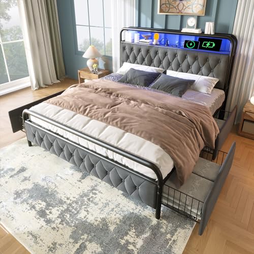 BENMWS Polsterbett,Doppelbett,180×200cm,mit Aufladen USB Type C Ladefunktion APP-Control LED Bettgestell Metallbett,Bettrahmen und 2 Schubladen,Samt(Ohne Matratze) von BENMWS