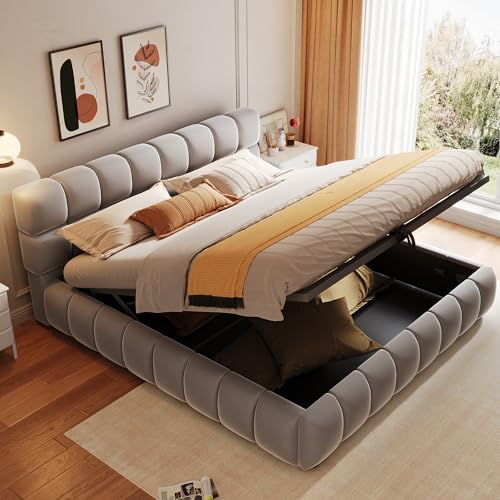 BENMWS Polsterbett 140x200cm Kopfteil Bettseiten mit voluminöser Solider Formgebung Ausgestattet mit hydraulischer Staufunktion Matratze Eingebettet Doppelbett Samtstoff Grau (Ohne Matratze) von BENMWS