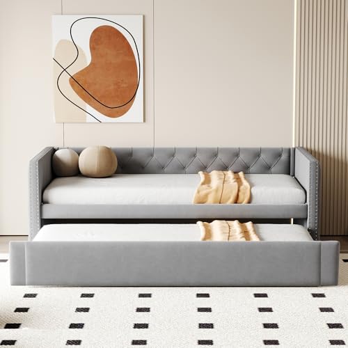 BENMWS Polsterbett Ausziehbares Schlafsofa,90x200cm,Klassische Vollform mit Knöpfen,Mit Lattenrost,Multifunktionales Bett-Gästebett,Hautfreundlicher Samtstoff,Hellgrau (Matratze Nicht enthalten) von BENMWS