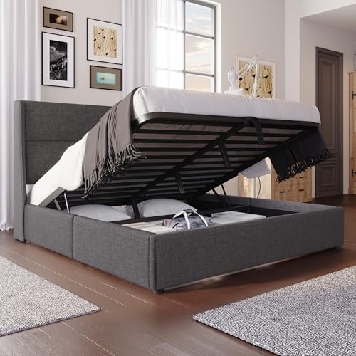 BENMWS Polsterbett Doppelbett,160x200cm,mit Verstellbare Kopfstützen,Hydraulisches Bettgestell mit Stauraum,Leinenmaterial Bett mit Metall Lattenrost,Grau(Ohne Matratze) von BENMWS