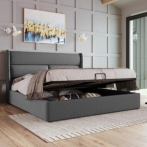 BENMWS Polsterbett Doppelbett,160x200cm,mit Verstellbare Kopfstützen,Stauraumbetten Bettgestell aus Leinenmaterial Jugendbett mit lattenrost(Ohne Matratze) von BENMWS