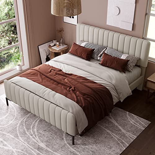 BENMWS Polsterbett Doppelbett 180 x 200 cm, Bettgestell mit Lattenrost und Verstellbares Kopfteil, Gepolstertes Bett in Grau-Beige,Bettrahmen Jugendbett für Schlafzimmer Gästezimmer-Leinenmaterial von BENMWS