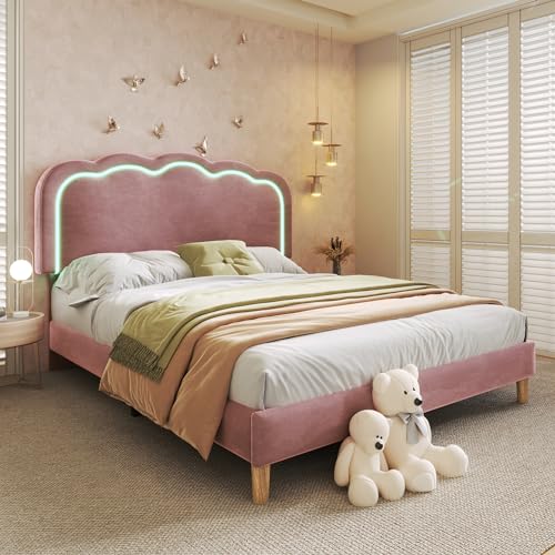 BENMWS Polsterbett LED Doppelbett,Bettgestell mit Lattenrost und Verstellbares Kopfteil,140x200cm,Gepolstertes Bett in Rosa,Bettrahmen Jugendbett für Schlafzimmer-Samt(ohne Matratze) ﻿ von BENMWS