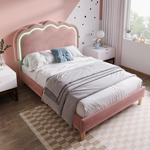 BENMWS Polsterbett LED Einzelbett,Bettgestell mit Lattenrost und Verstellbares Kopfteil,90x190cm,Gepolstertes Bett in Rosa,Bettrahmen Jugendbett für Schlafzimmer Gästezimmer-Samt(ohne Matratze) von BENMWS