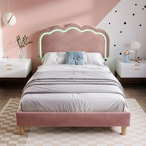 BENMWS Polsterbett LED Einzelbett,Bettgestell mit Lattenrost und Verstellbares Kopfteil,90x200cm,Gepolstertes Bett in Rosa,Bettrahmen Jugendbett für Schlafzimmer Gästezimmer-Samt(ohne Matratze) von BENMWS
