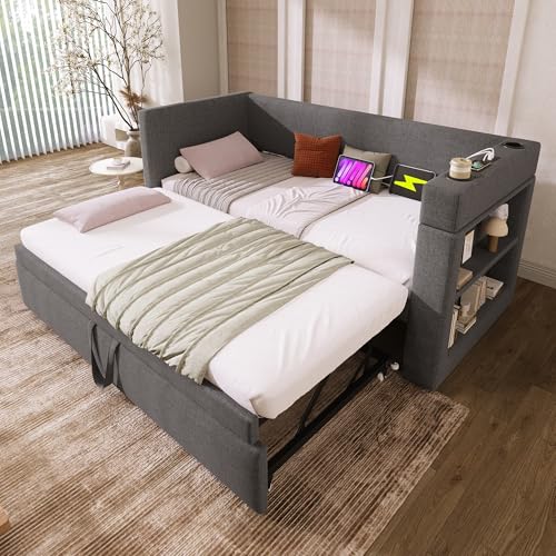 BENMWS Polstertes Daybett,90x190cm,Einzelbett Schlafsofa mit Ausziehbett, Armlehnen mit USB-Type-C-Ladeanschluss und Getränkehalter,Leinen-Mischgewebe,Grau,ohne Matratze BENMWS Polstertes Daybett,90x190cm,Einzelbett Schlafsofa mit Ausziehbett, Armlehnen mit USB-Type-C-Ladeanschluss und Getränkehalter,Leinen-Mischgewebe,Grau,ohne Matratze von BENMWS