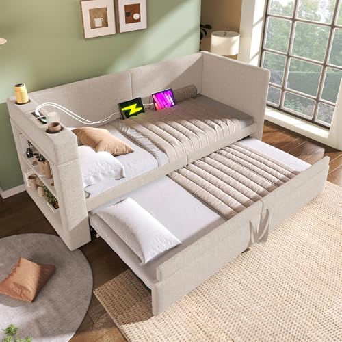 BENMWS Polstertes Daybett,90x200cm,Einzelbett Schlafsofa mit Ausziehbett, Armlehnen mit USB-Type-C-Ladeanschluss und Getränkehalter,Leinen-Mischgewebe,Beige,ohne Matratze BENMWS Polstertes Daybett,90x200cm,Einzelbett Schlafsofa mit Ausziehbett, Armlehnen mit USB-Type-C-Ladeanschluss und Getränkehalter,Leinen-Mischgewebe,Beige,ohne Matratze von BENMWS